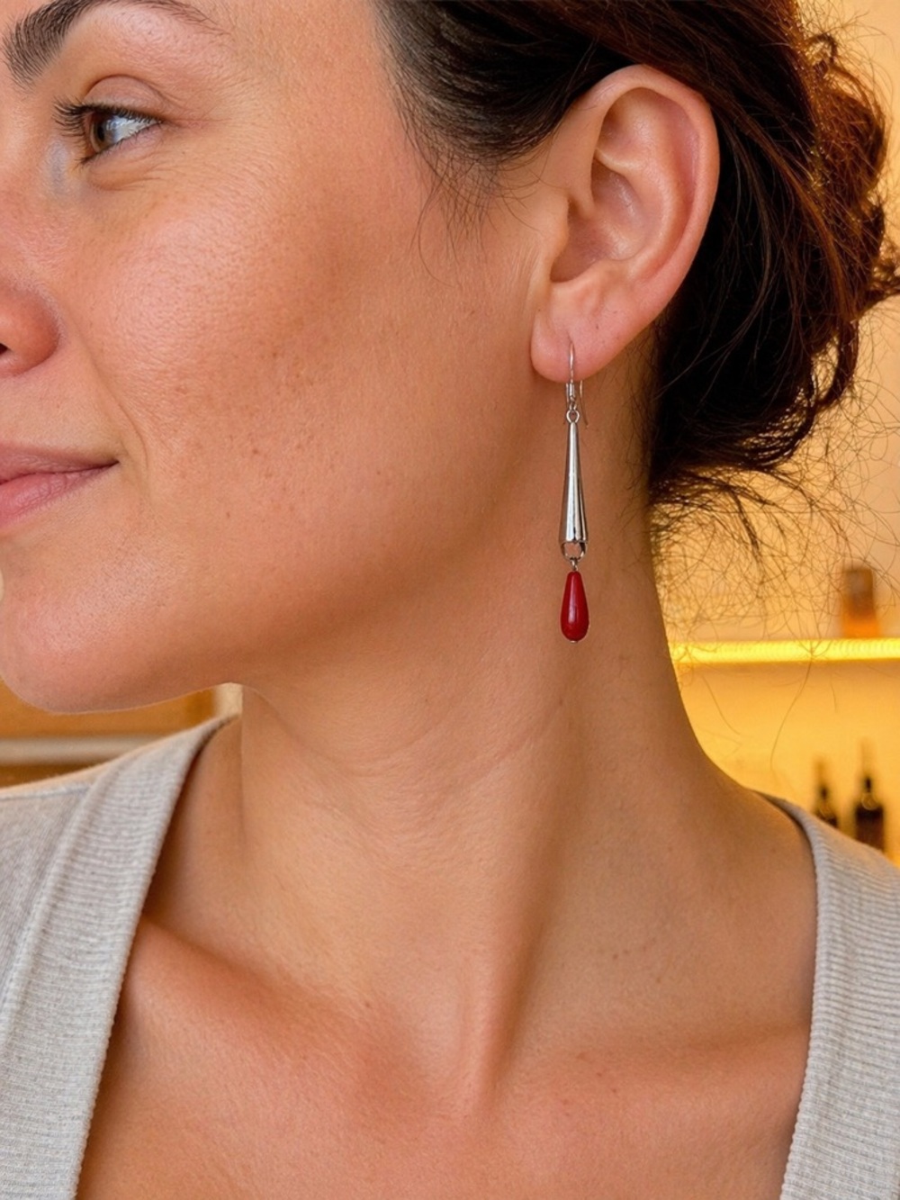 Silver & Red Drop Earrings – Elegant Dangle Statement Earrings